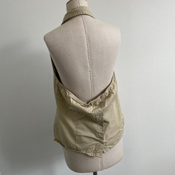 Y2K Faded Glory Top Women L Tan Khaki Halter‎ Polo Collared Preppy Tennis Indie - Picture 9 of 10